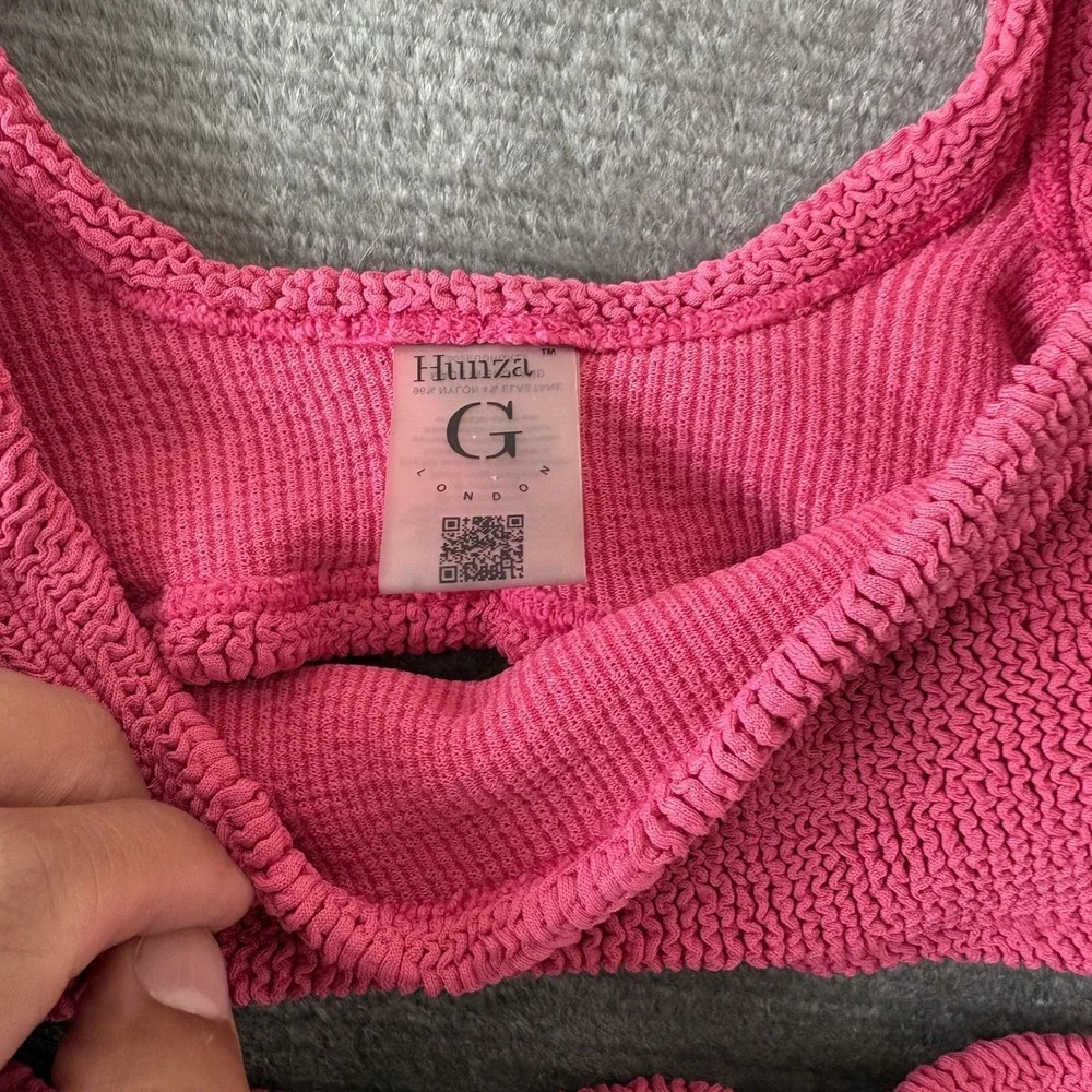 Hunza G Two Piece Bikini Set Swimsuit OS Barbie Pink Crinkle Swimwear Resort
